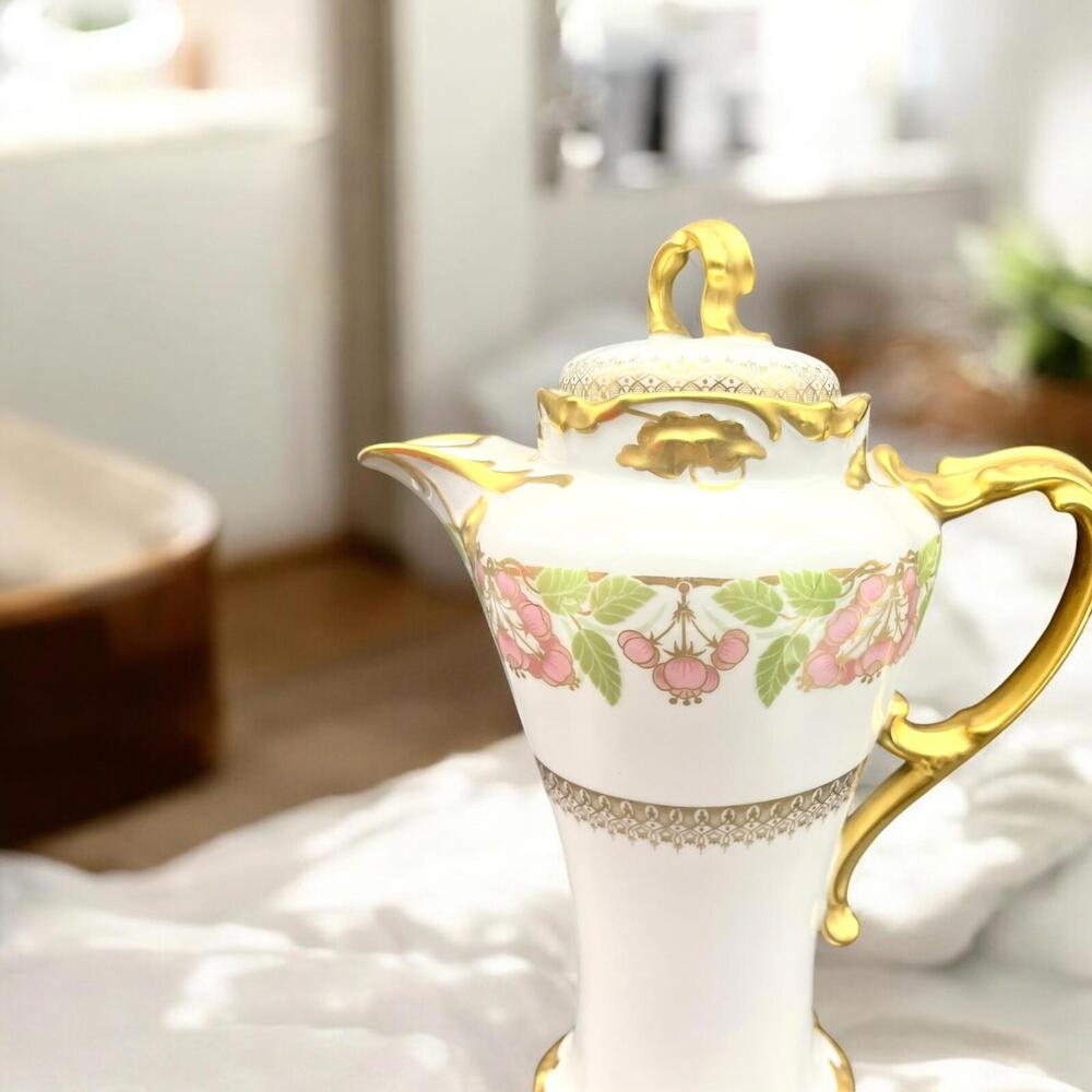 Antique Jean Pouyat Limoges Hand Painted Gold Gilding Chocolate, Pot Circa 1920s